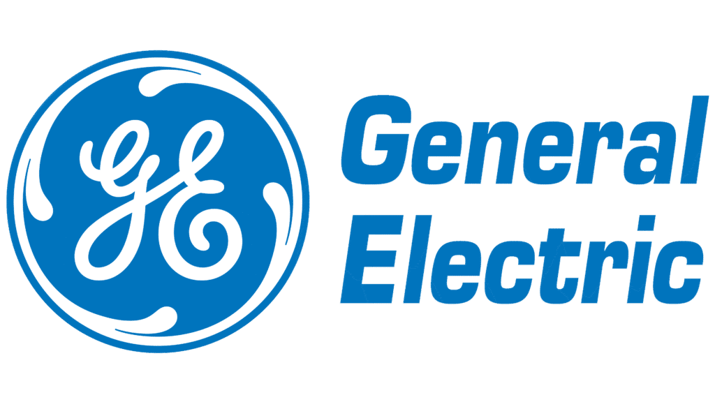 The General Electric (GE) logo featuring a blue circular emblem with white swirling "GE" initials, next to the words "General Electric" in blue, bold, italicized text.