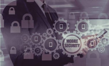 A person in a suit holds a smartphone. Overlay graphics show padlocks, gears, and mobile phone icons, with the words "MOBILE SECURITY" in the center, symbolizing mobile device protection.