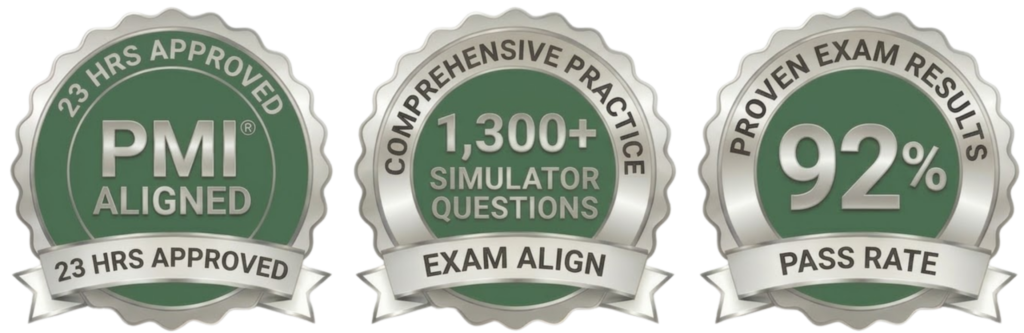 Three silver badges: The first reads "23 hrs approved, PMI® aligned"; the second, "Comprehensive practice, 1,300+ simulator questions"; the third, "Proven exam results, 92% pass rate.